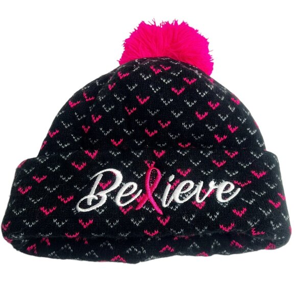Breast Cancer Awareness Beanie Womens One Size Black Pink Pom Pom - Picture 1 of 3